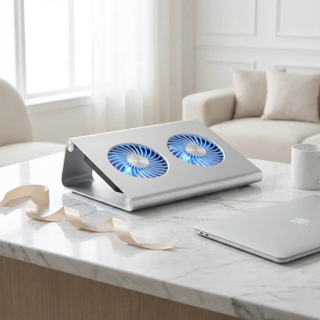 Laptop with a cooling pad underneath, showing improved airflow