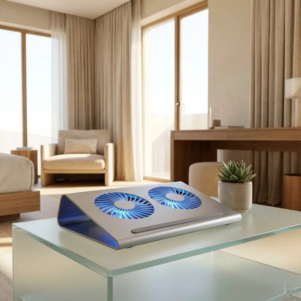 Aluminium laptop cooler elevating a laptop