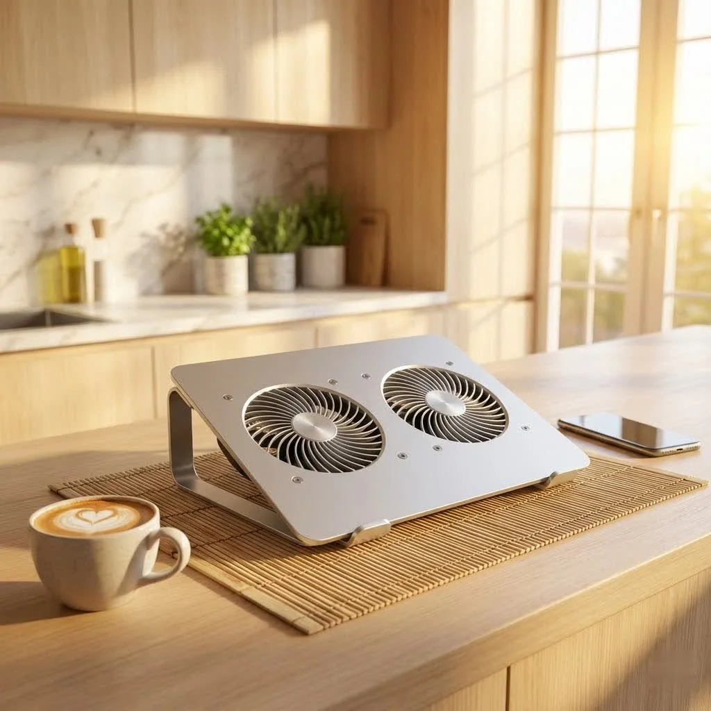 Laptop on a cooling pad with blue LED lights