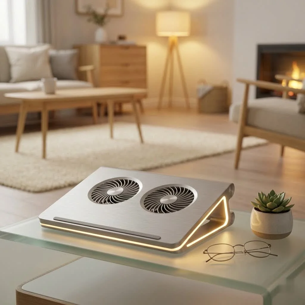 Gaming laptop on a cooling pad with RGB lighting