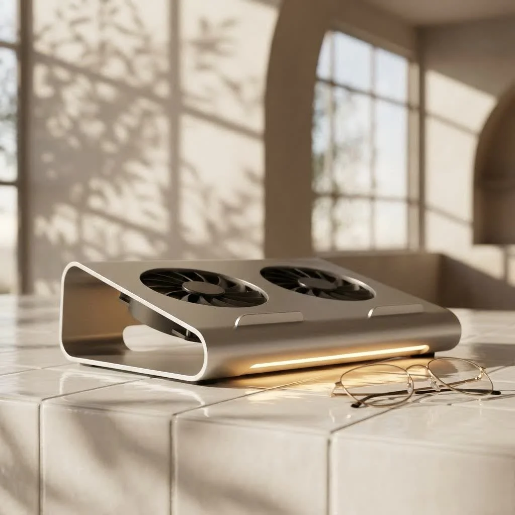 Gaming laptop on a cooler stand with RGB lighting