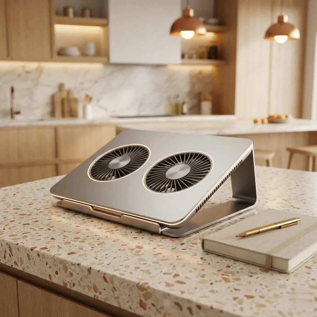 Laptop on a cooling pad with blue LED lights