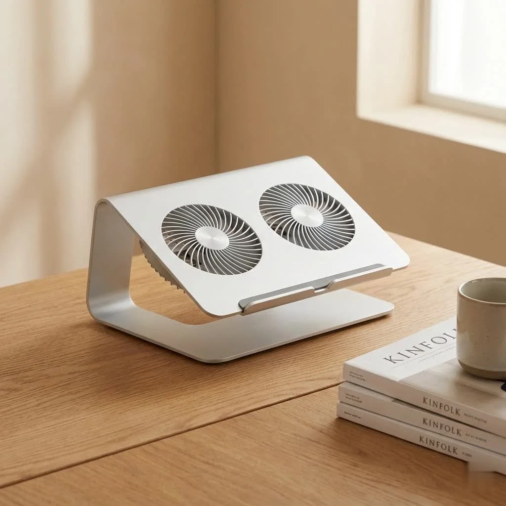 MacBook Pro on a laptop cooler with fans
