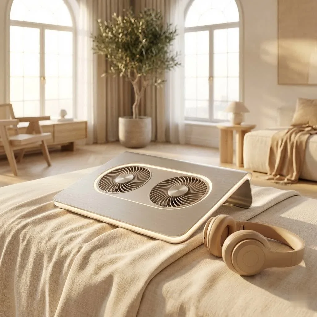 17-inch laptop on a cooling pad with blue LED lights