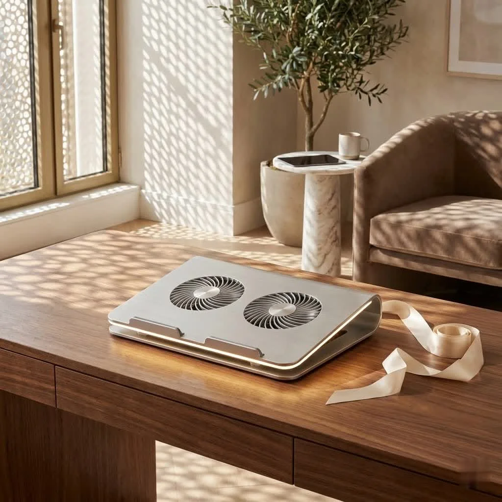 HP laptop on a cooling pad with blue LED lights