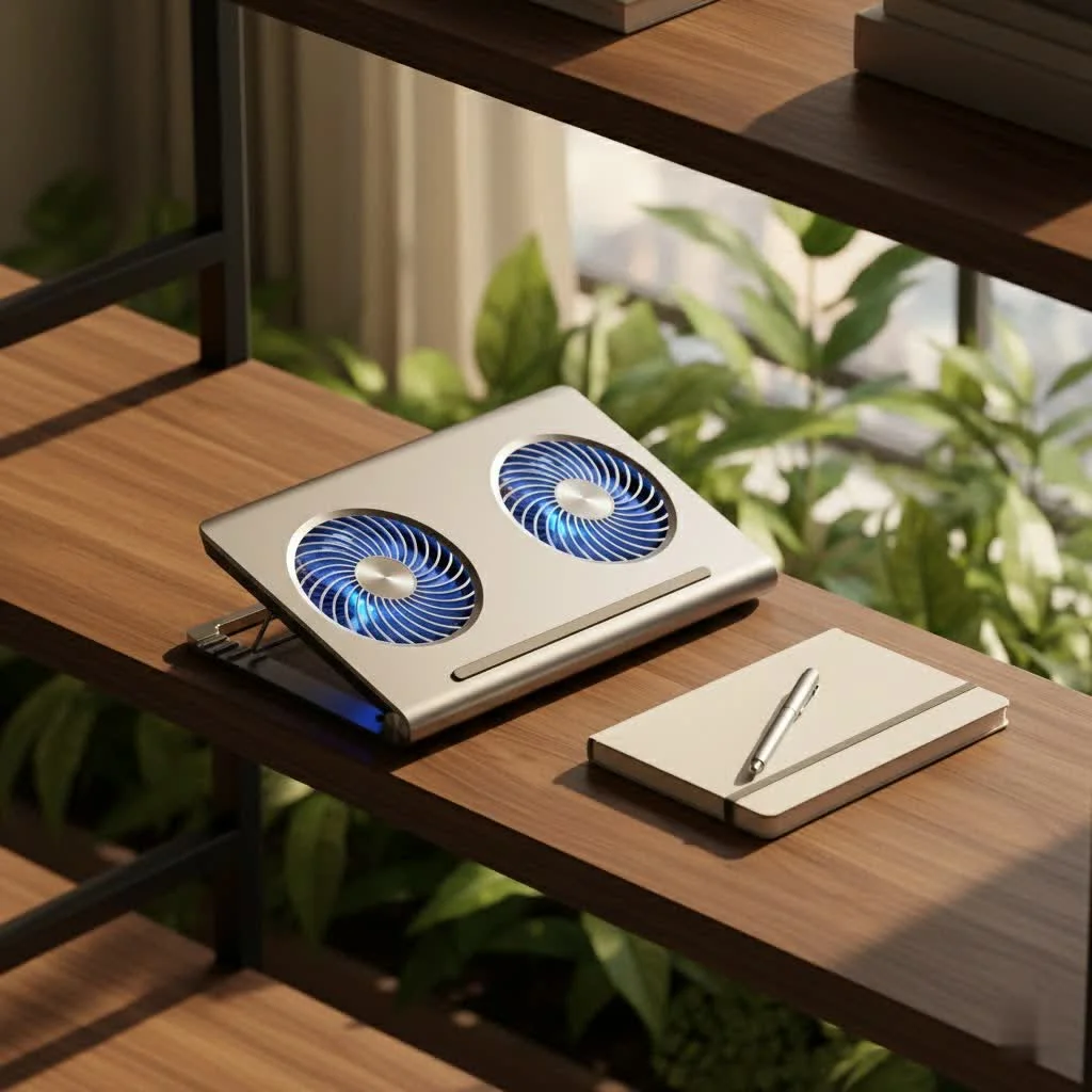 Laptop on a cooling pad with blue LED lights