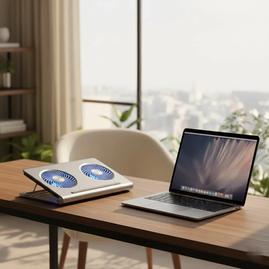 Laptop on a cooling pad with blue LED lights