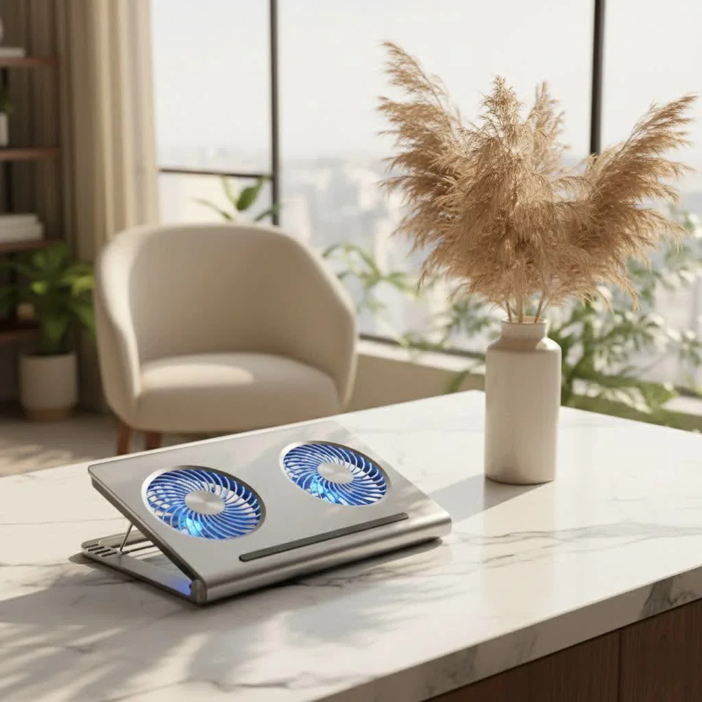 Laptop with a cooling pad underneath