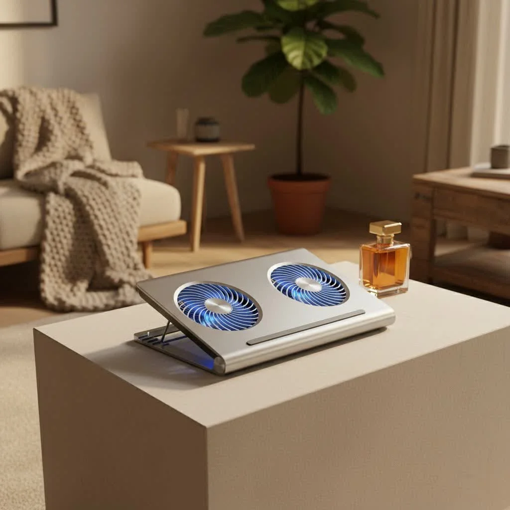 Laptop on a cooling pad with blue LED lights