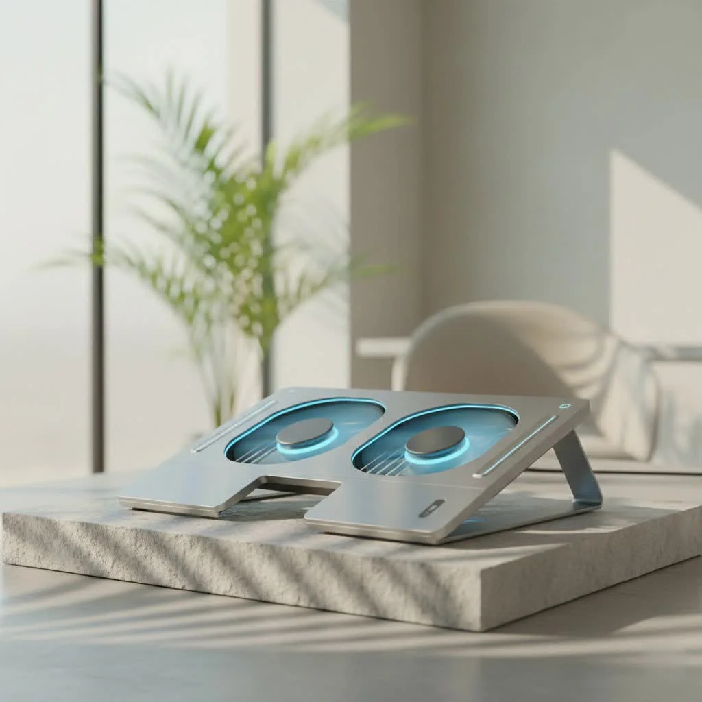 Alienware laptop on a cooling pad with RGB lighting