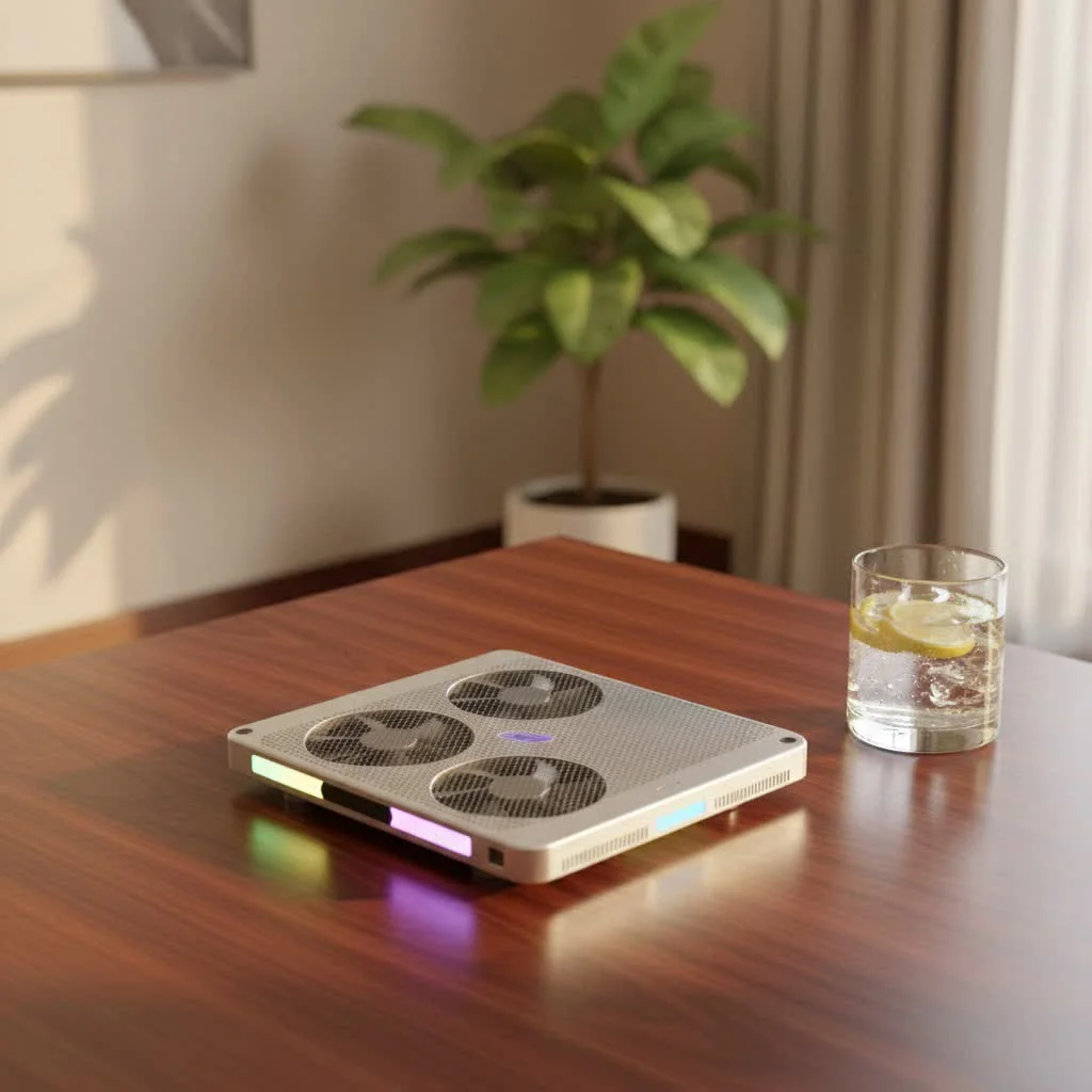 ASUS laptop on a cooling pad with RGB lighting