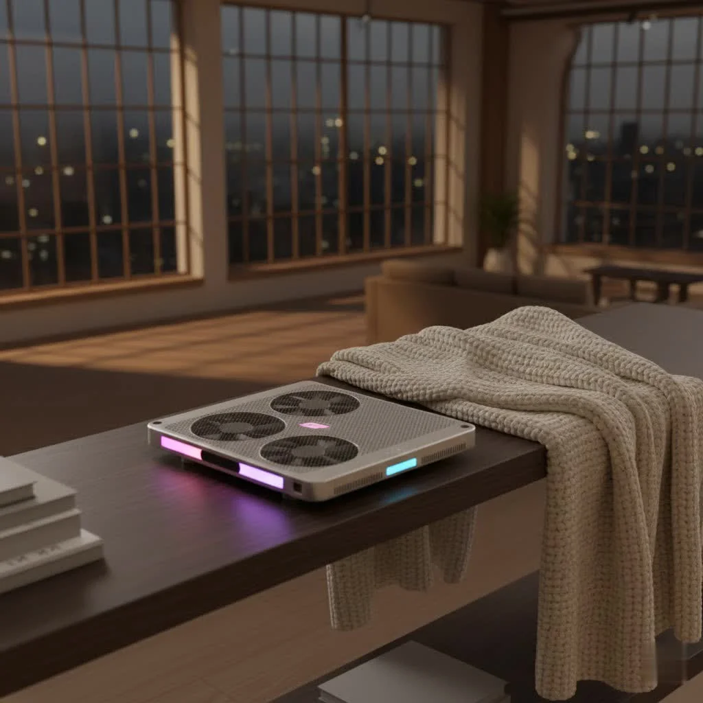 Razer laptop with a cooling pad on a desk