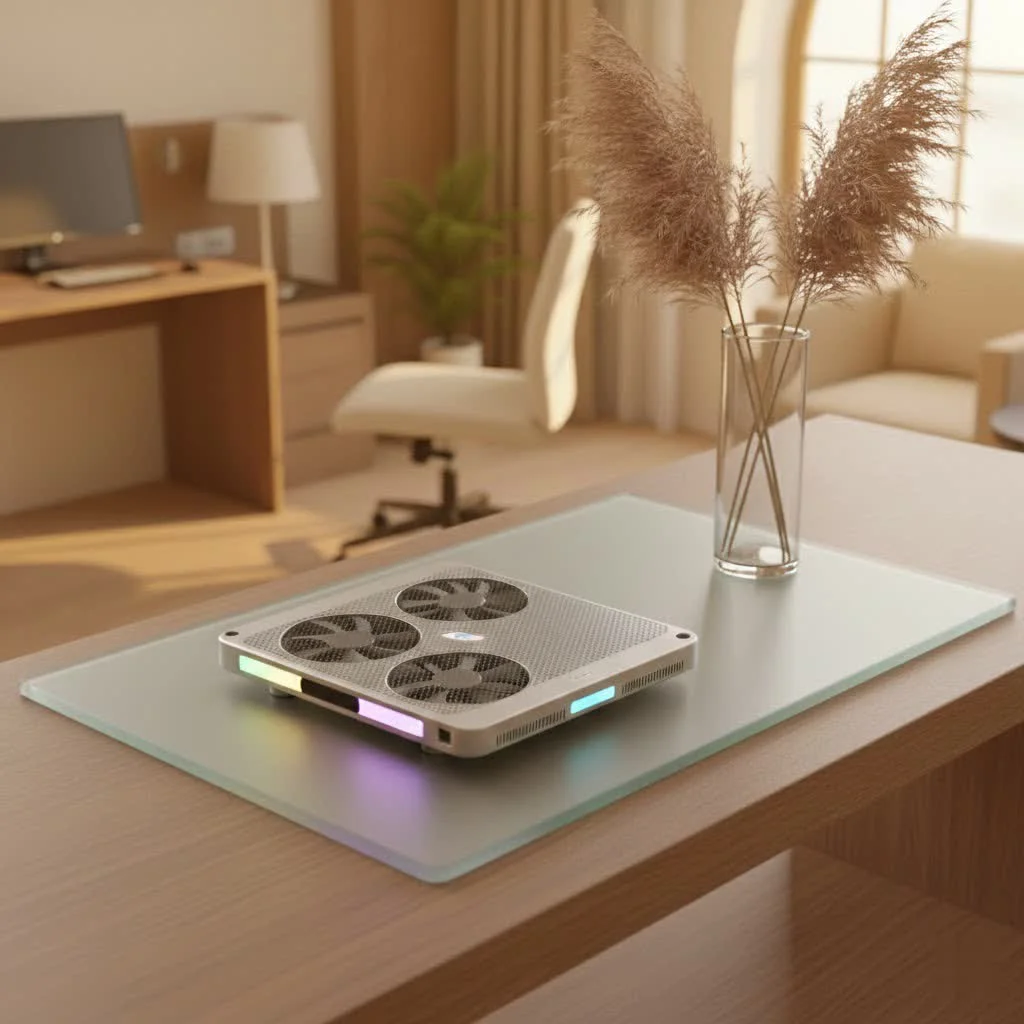 Laptop on a cooling stand with blue LED fans