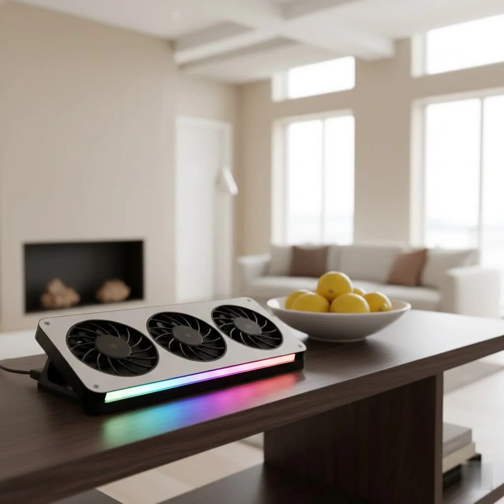 Laptop on a cooling pad with blue LED lights