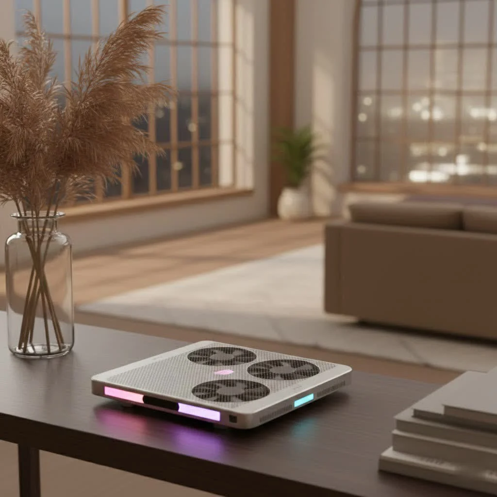 Gaming laptop on a cooling pad with RGB lighting