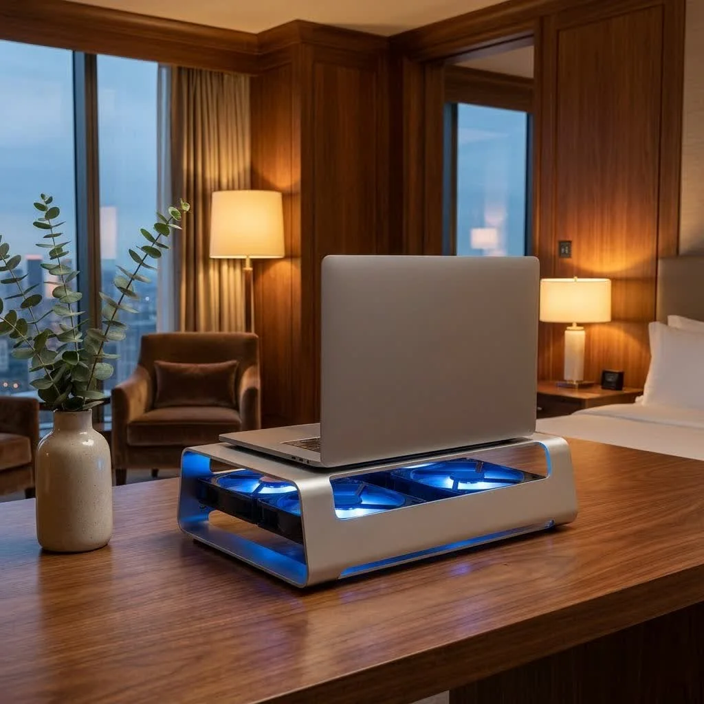 Laptop on a cooling pad with blue LED lights